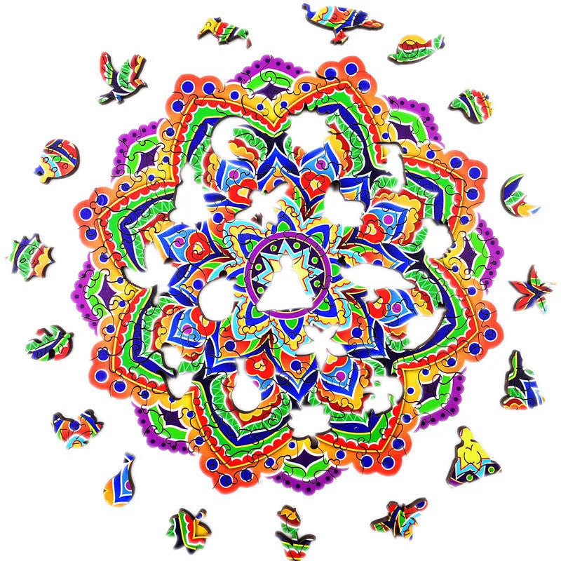 Mandala irregular wooden puzzle pieces with colour box packaging, available in A3 A4 A5 sizes