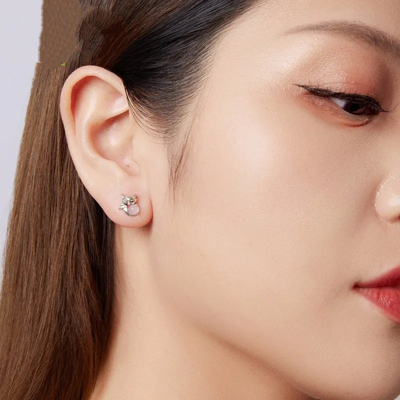 S925 sterling silver fox stud earrings with jade inlay, colour SCE1903, pair for women