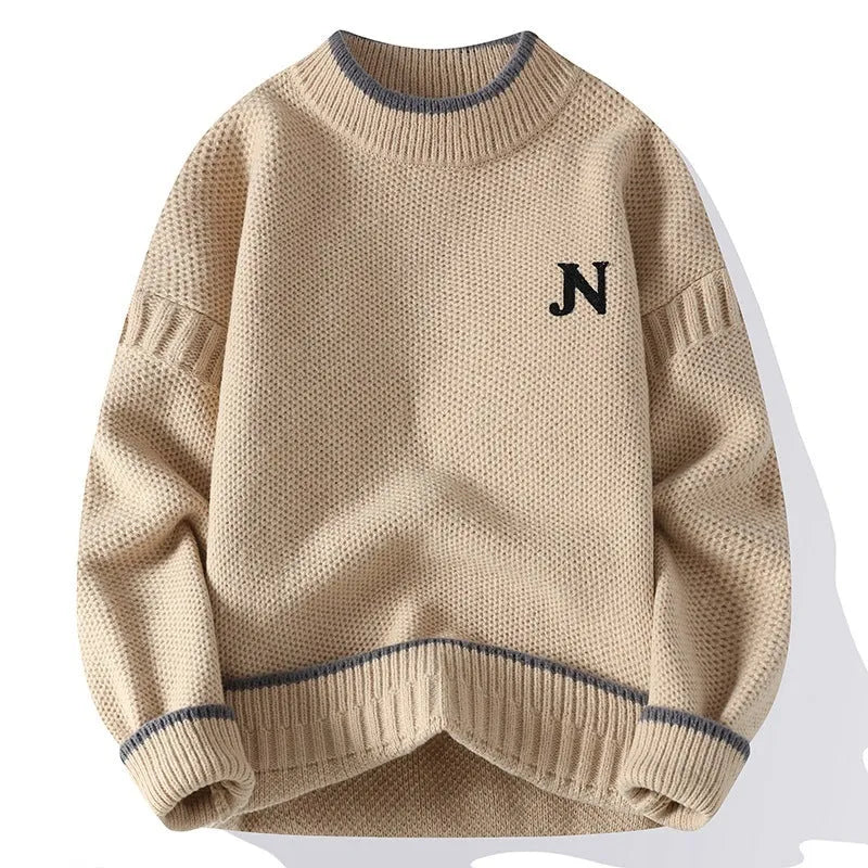 Men's thickened round neck cotton blend knit sweater in grey, loose fit pullover winter style