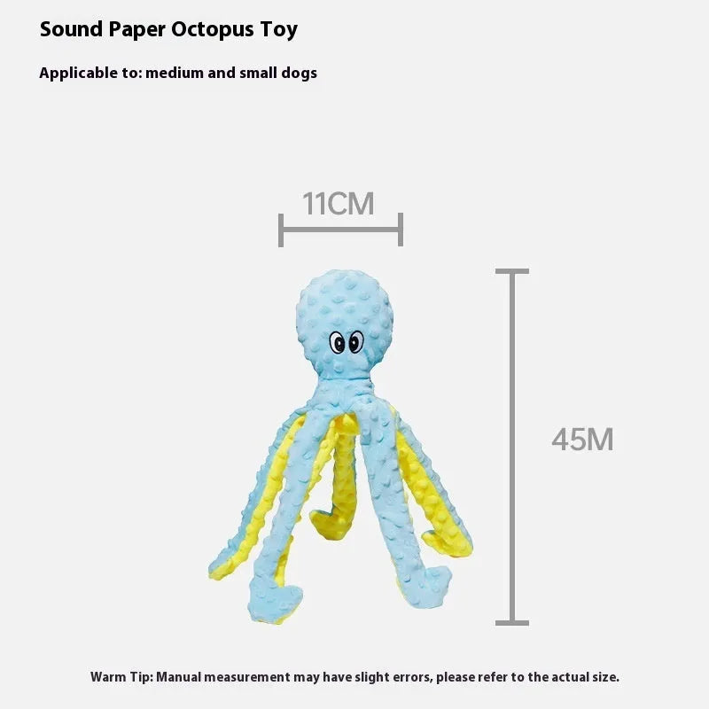 Blue crocheted long-legged octopus pet toy with ringing and creaking sounds on white background