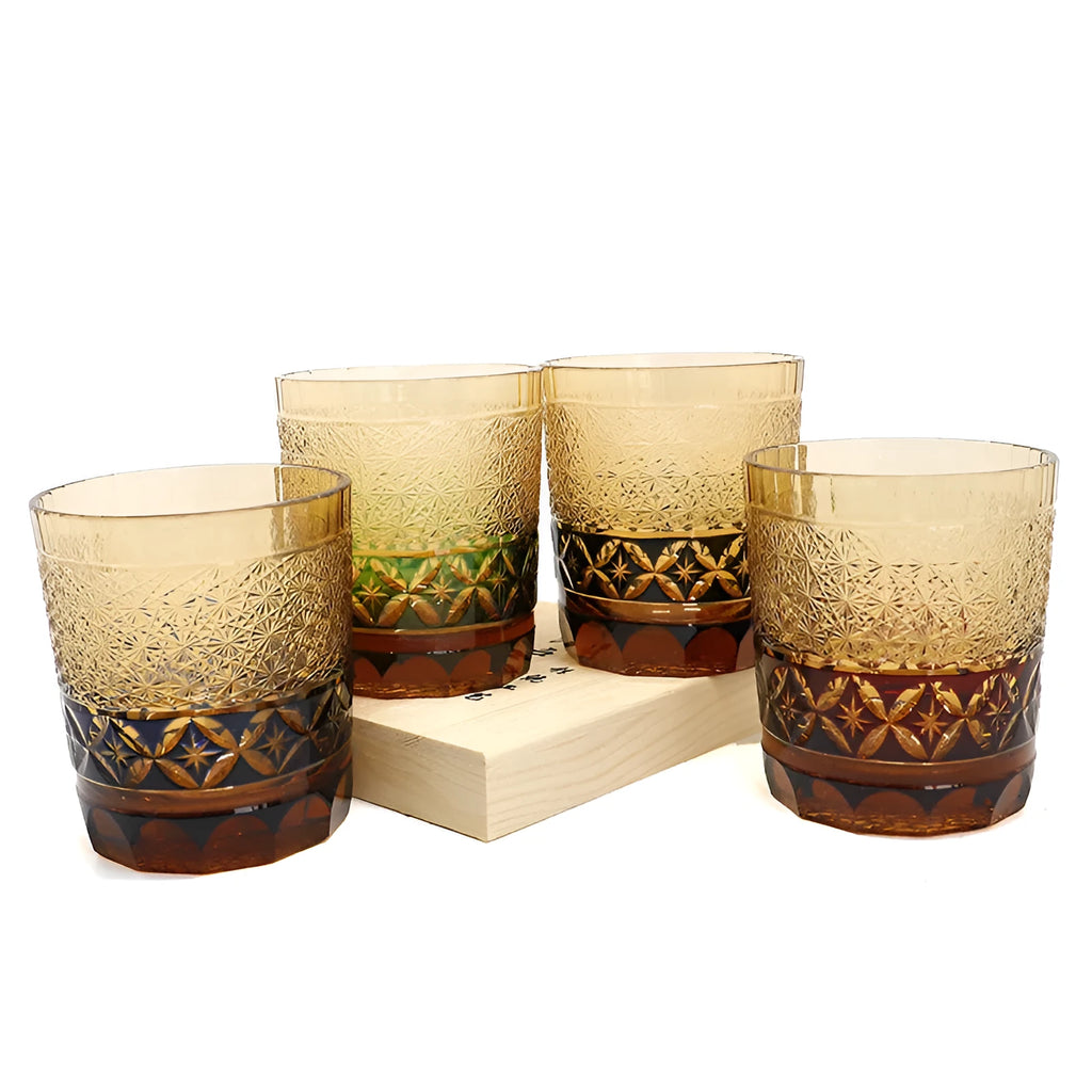 Hand carved crystal whiskey glass in amber colour with Japanese retro style