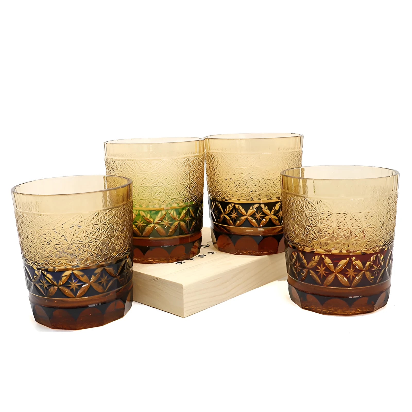 Hand carved crystal whiskey glass in amber colour with Japanese retro style