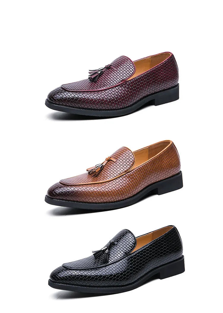 Men's black pointed slip-on business shoes with tassel detail on artificial PU upper