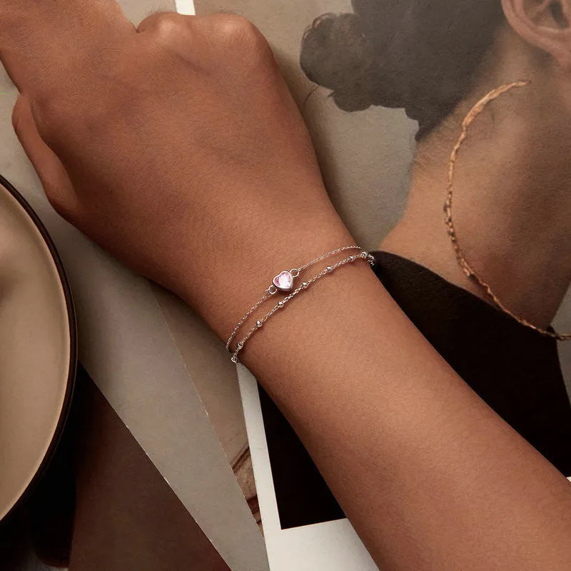 Women's sweet style 925 sterling silver bracelet with heart-shaped pendant on adjustable chain