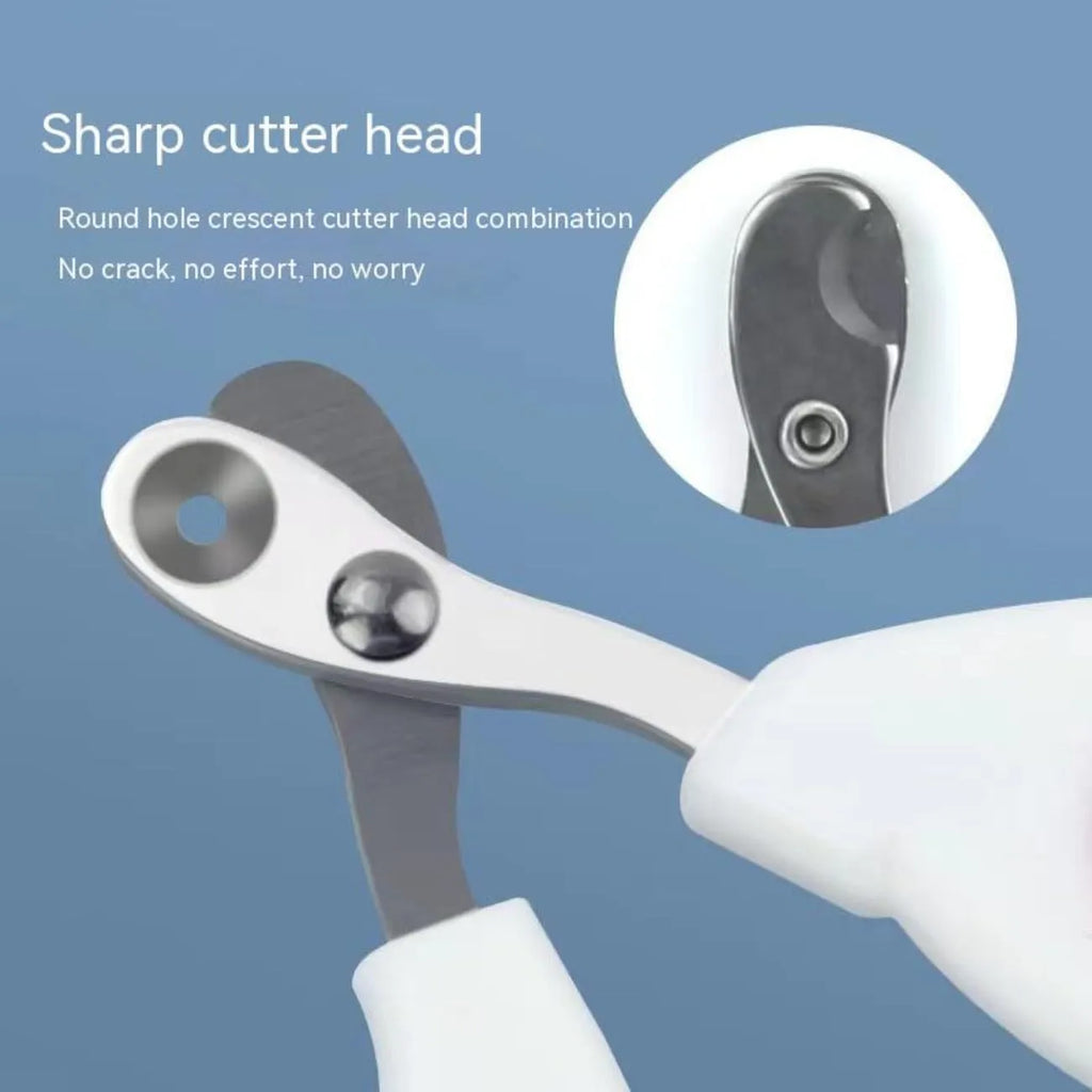 Blue cat nail clippers with circular cut hole design and cushioned non-slip handles.