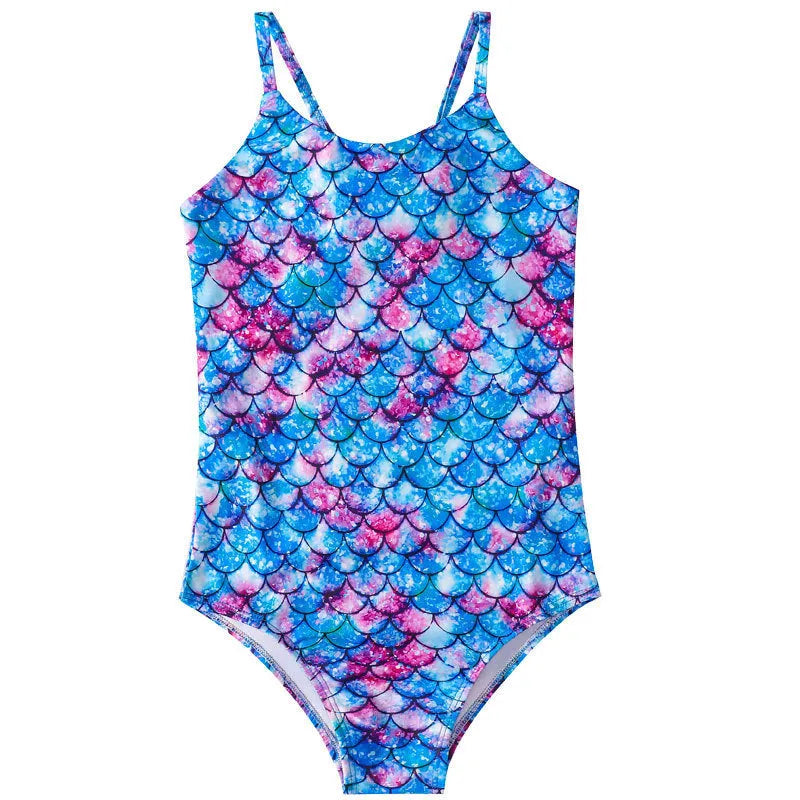 Children's mermaid style one-piece swimsuit in polyester with high elasticity, available in multiple colours and sizes 100-150cm