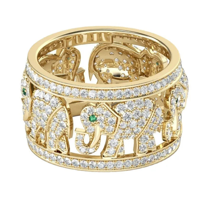 Full diamond elephant fashion ring in alloy with electroplated finish showing detailed animal motif