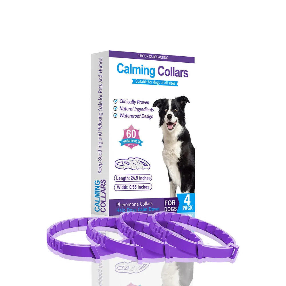 Pack of four monochrome patterned TPR dog anxiety relief collars in assorted colours, laid flat showing 62cm length.