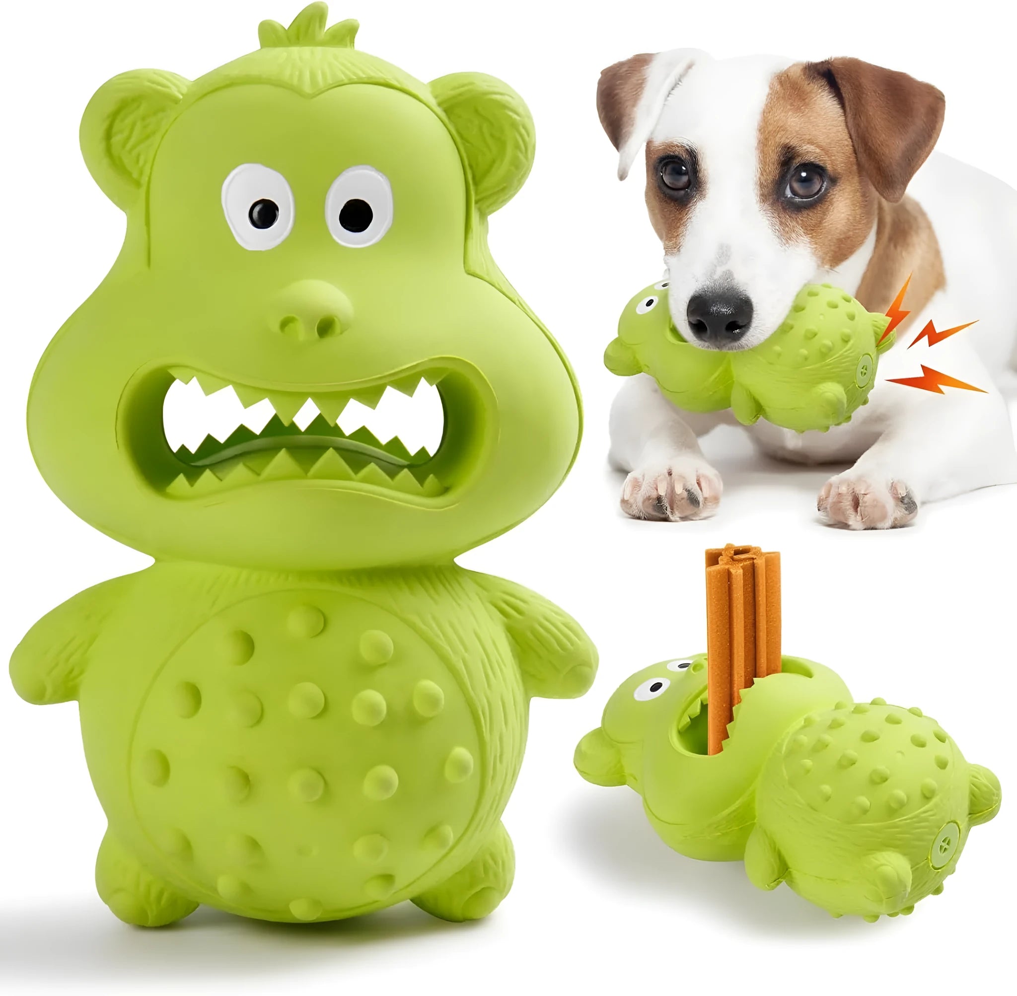 Green and yellow natural rubber squeaky dog toy for aggressive chewing large breed dogs.
