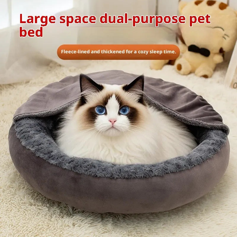 Round thickened flannel cat cushion mat in dark gray on floor, with 50cm 60cm 70cm size options