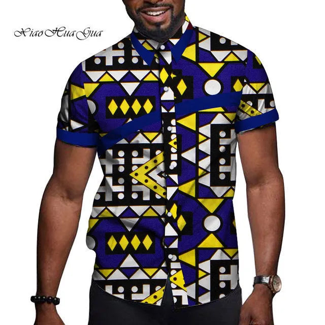 African men cotton colourblock short sleeve top with lapel collar in available colours