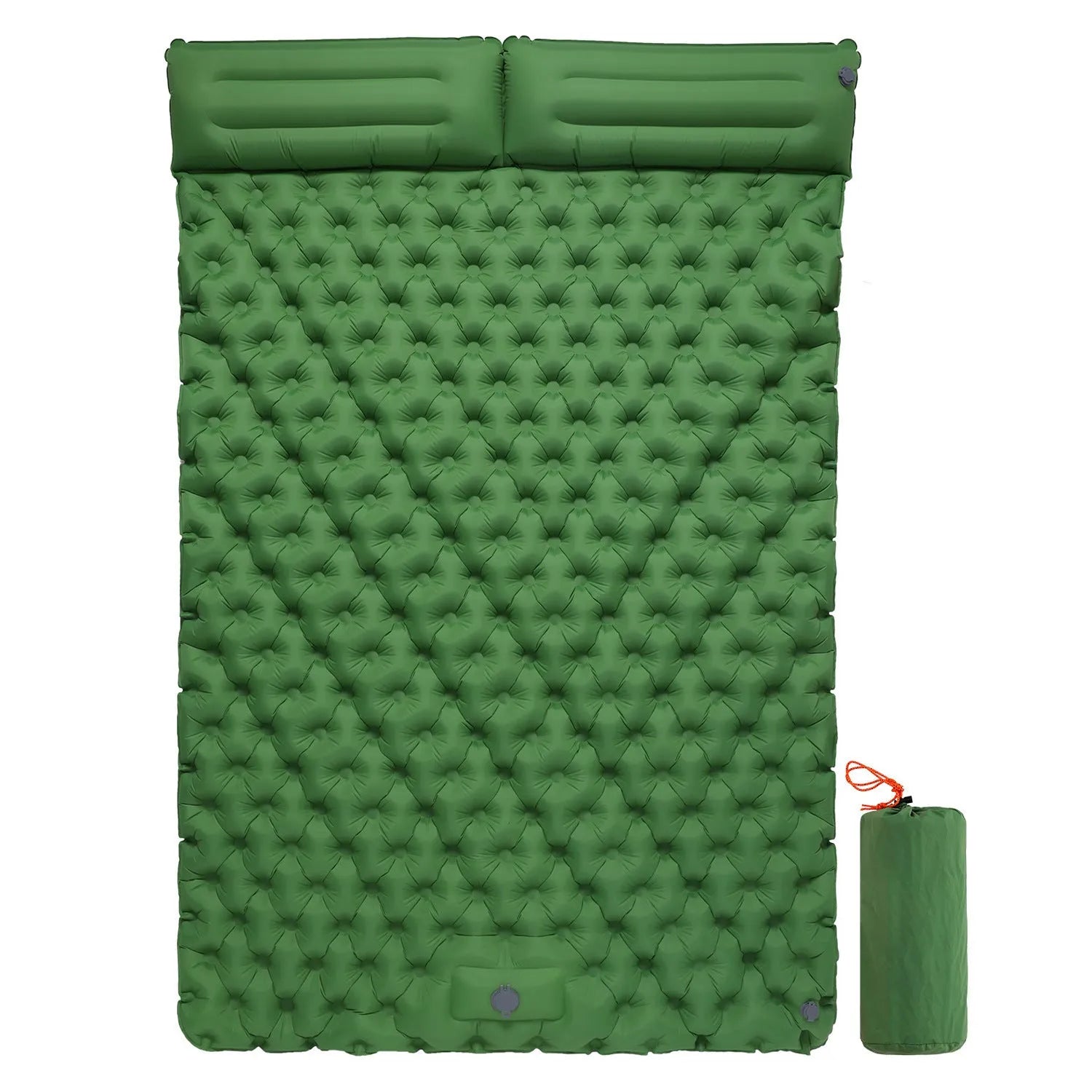 Double camping air mattress inflated, showing widened design and colour options including army green and dark blue.