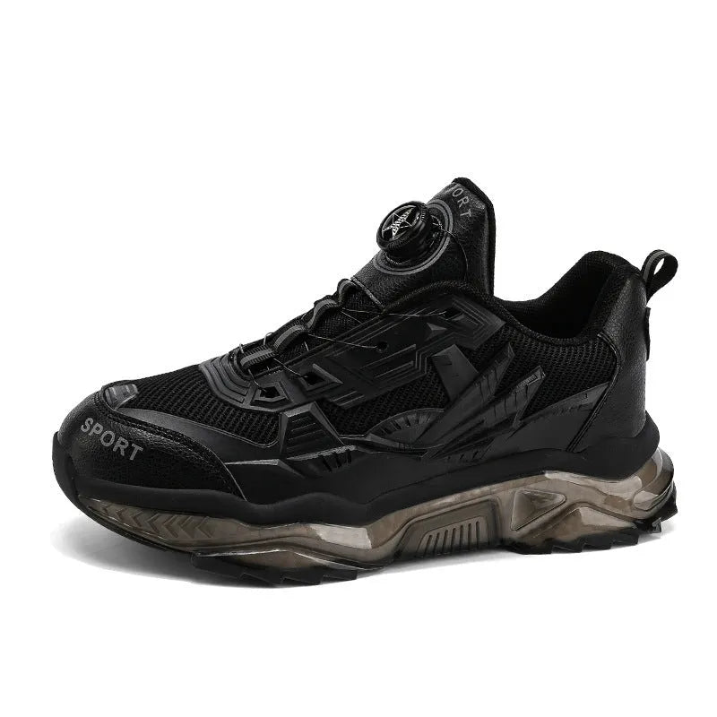 Men's black rotating button dad shoes with platform soles and mesh upper for height-increasing casual wear