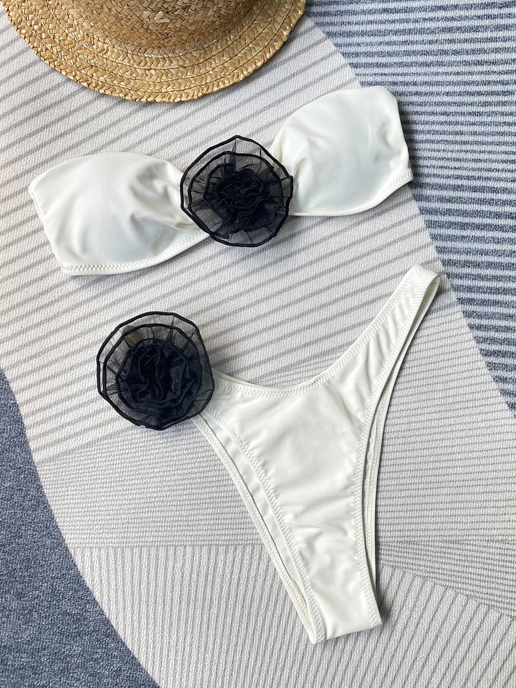 Women's swimsuit bikini set with tube top and floral design split shorts in polyester fabric
