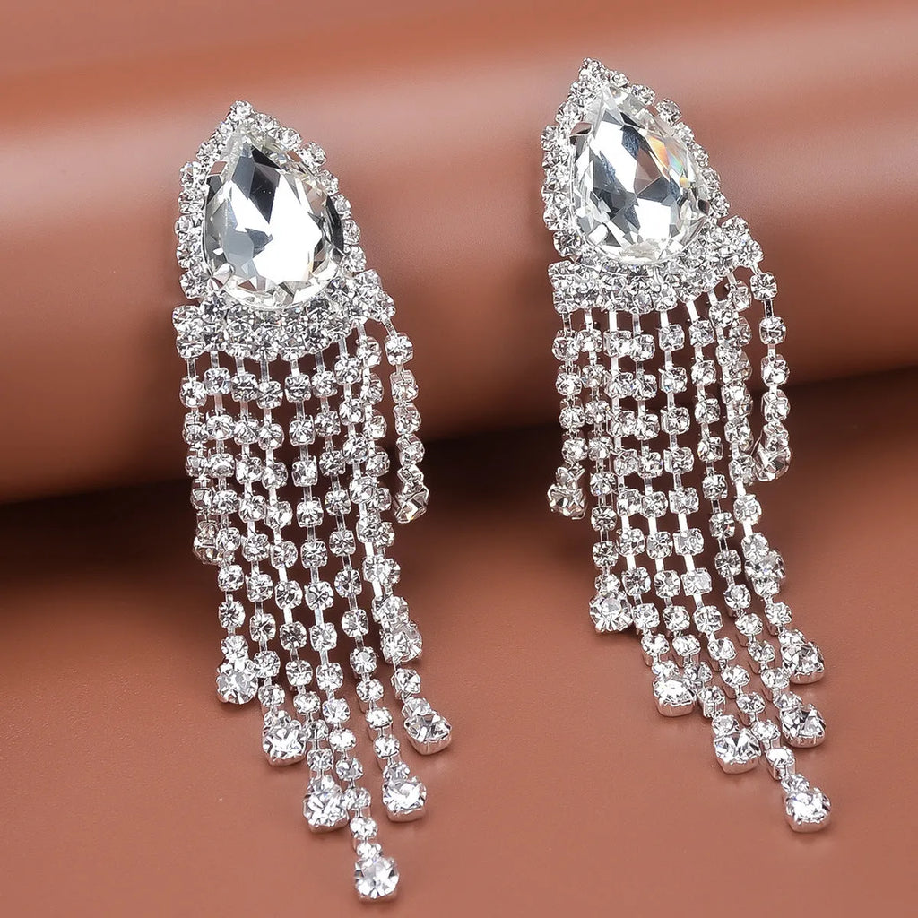 Rhinestone tassel earrings drop-shaped diamond treatment process silver green red 10x2.5cm women fashion OL