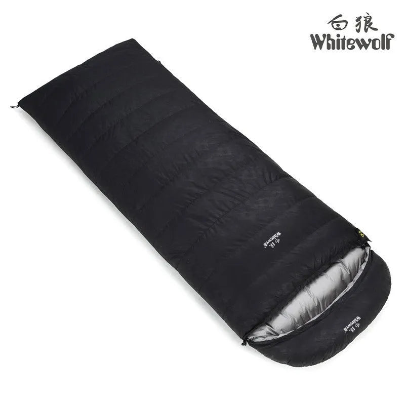 Black outdoor sleeping bag with envelope design, shown with a bladeless fan accessory.