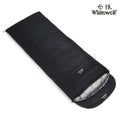 Black outdoor sleeping bag with envelope design, shown with a bladeless fan accessory.