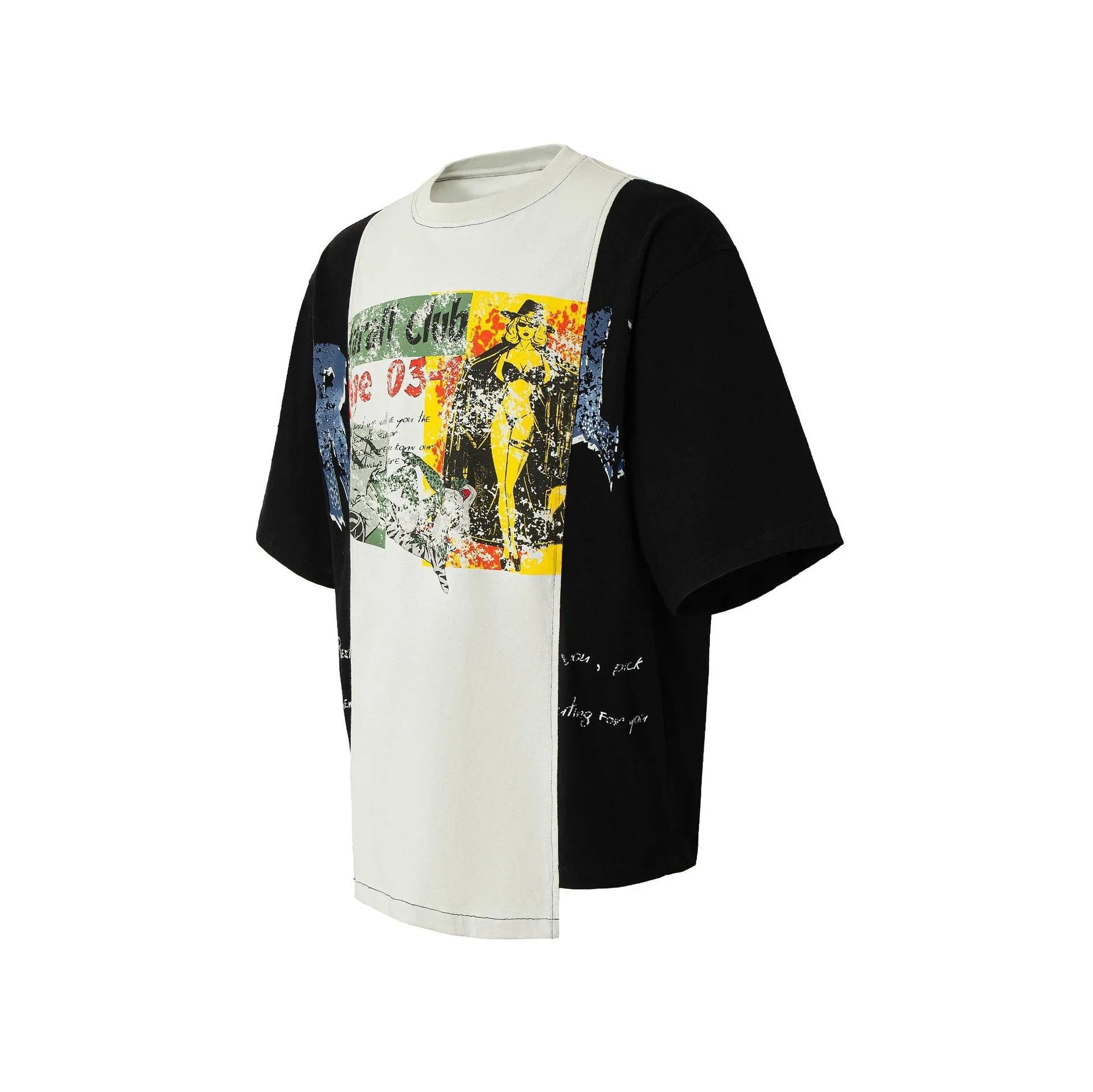Black and white deconstruction printed cotton blend T-shirt with loose fit and streetwear styling