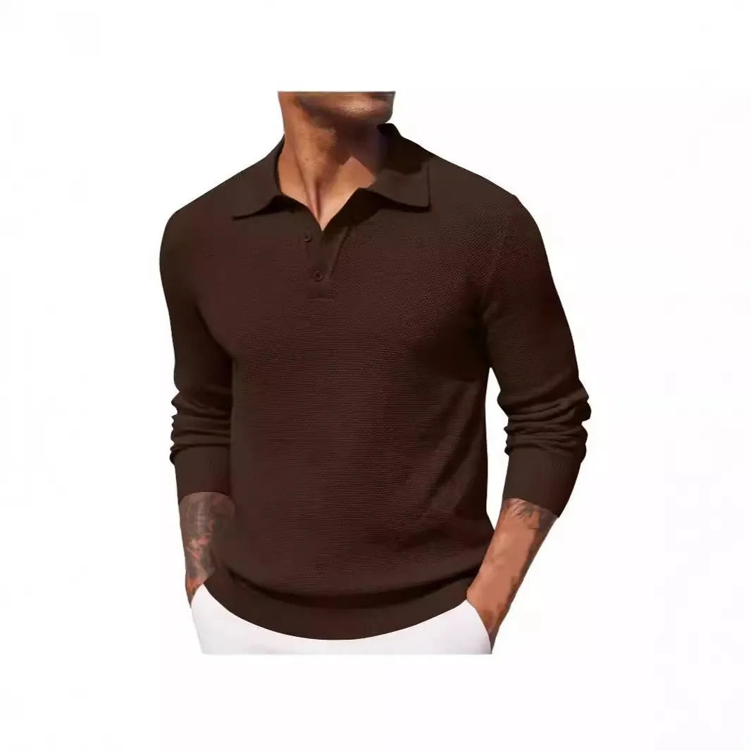 Men's solid colour long-sleeved polyester top in wine red, casual style, autumn wear