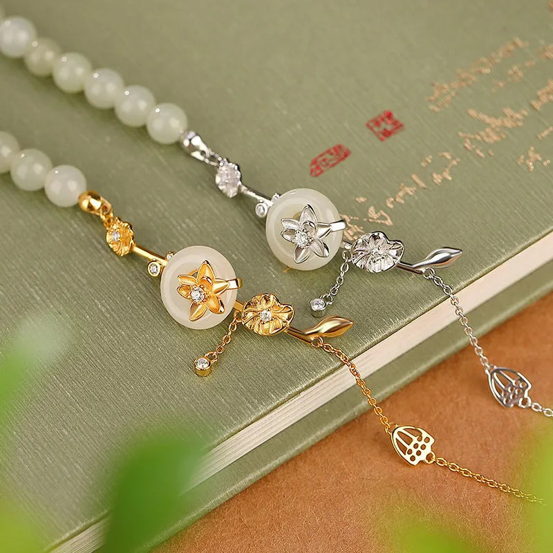 Hetian jade lotus peace buckle women's bracelet in 925 silver with antique design