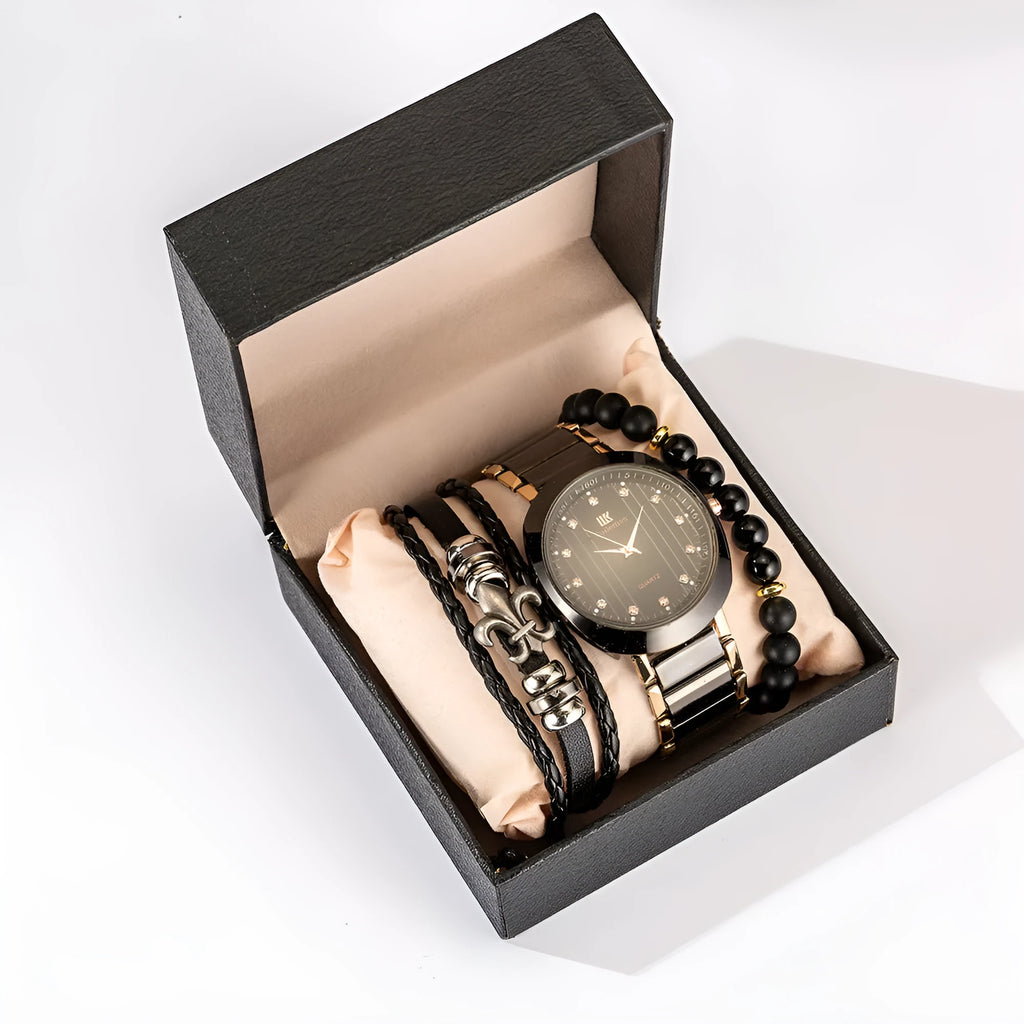 Men's black quartz watch with steel band, pointer display, and chronograph detail