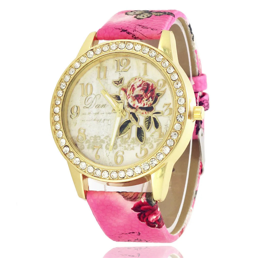 Diamond-inlaid gold case rose pattern fashion quartz watch with 38mm round dial and stainless steel buckle