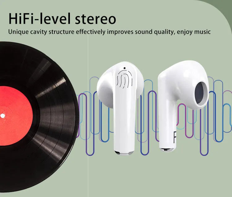 White wireless Bluetooth earphones with semi-in-ear design and a charging case.