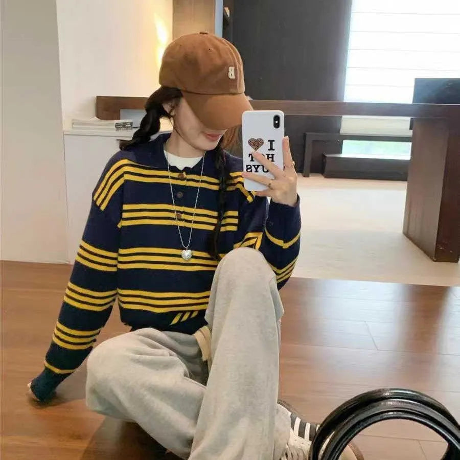 Loose-fit yellow striped polyester pullover sweater for women, average size 40-70kg