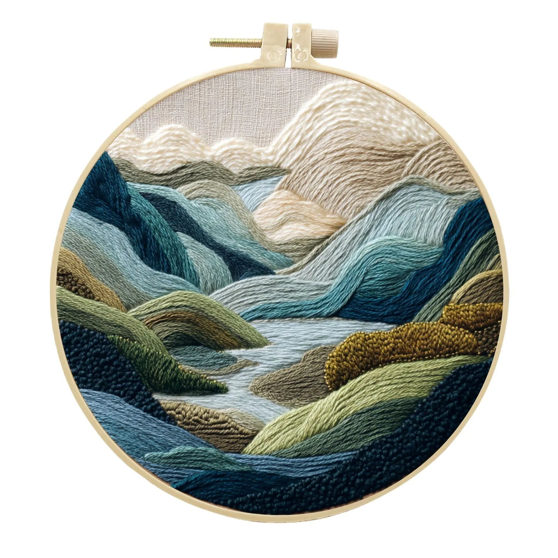 Embroidery DIY kit with 15cm bamboo frame, cotton linen fabric, and landscape design for handmade cloth art