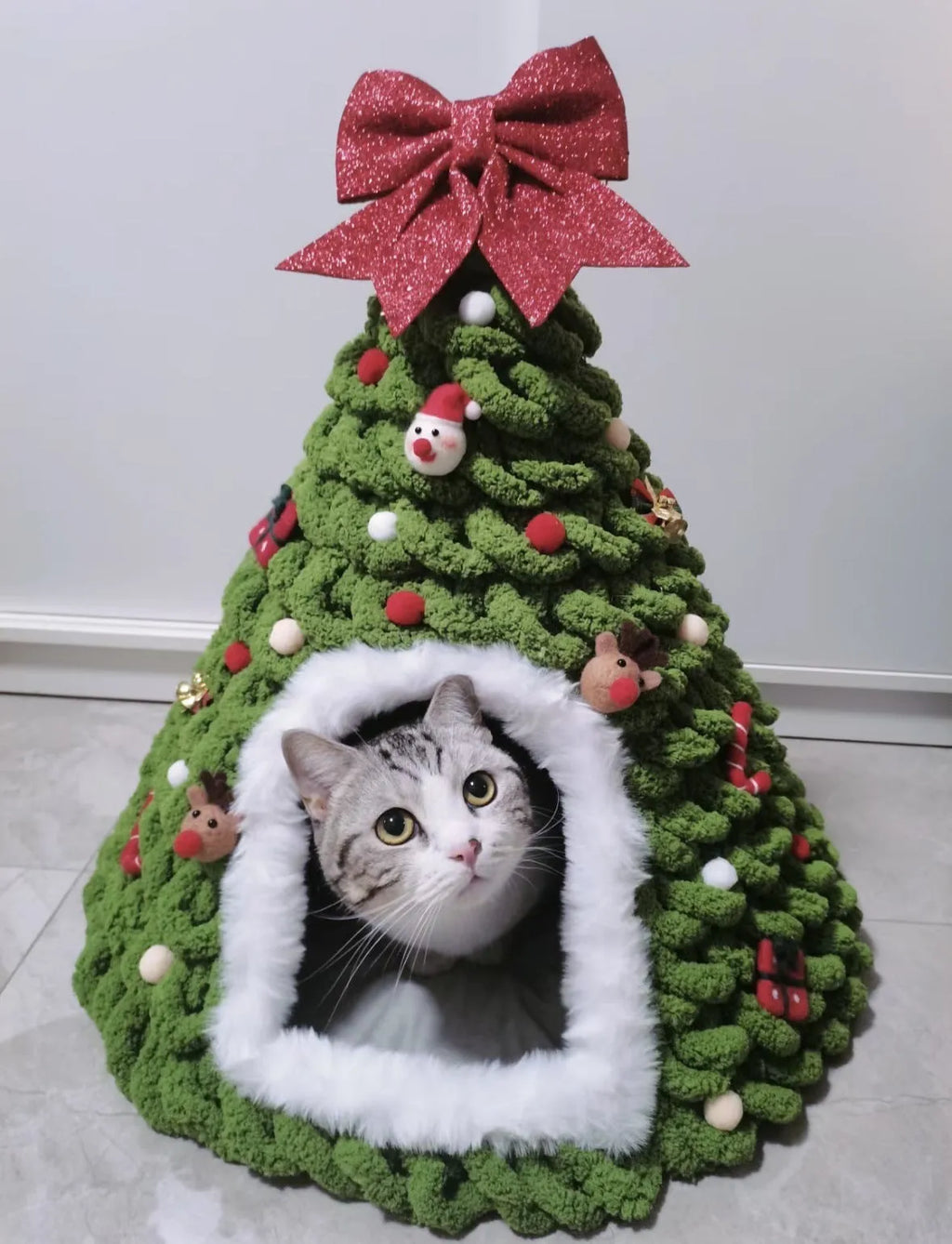 Grey handmade felt cone-shaped cat house with Christmas theme, showing enclosed tent-style design.