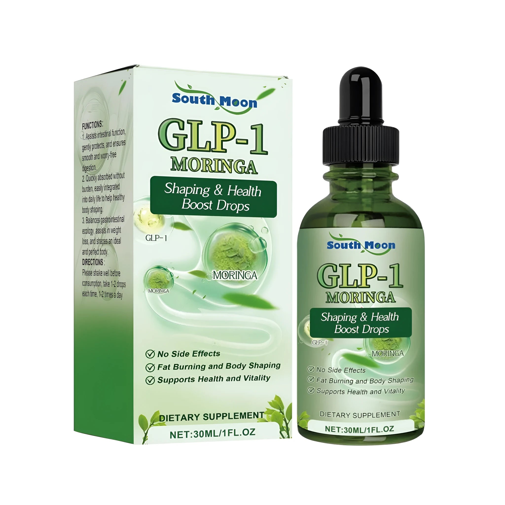 30ml bottle of digestive and body shaping supplement drops with a drop dispenser.