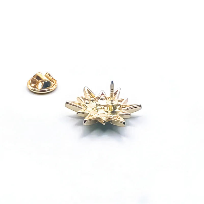 Unisex zinc alloy six-pointed star brooch with diamond-like stones in ink blue, gold, and silver options