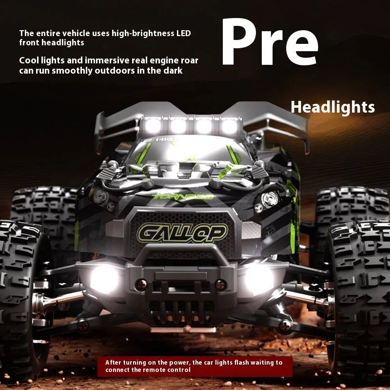Brushless remote control car in green or red with four-wheel drive, metal drive shaft and metal differential.