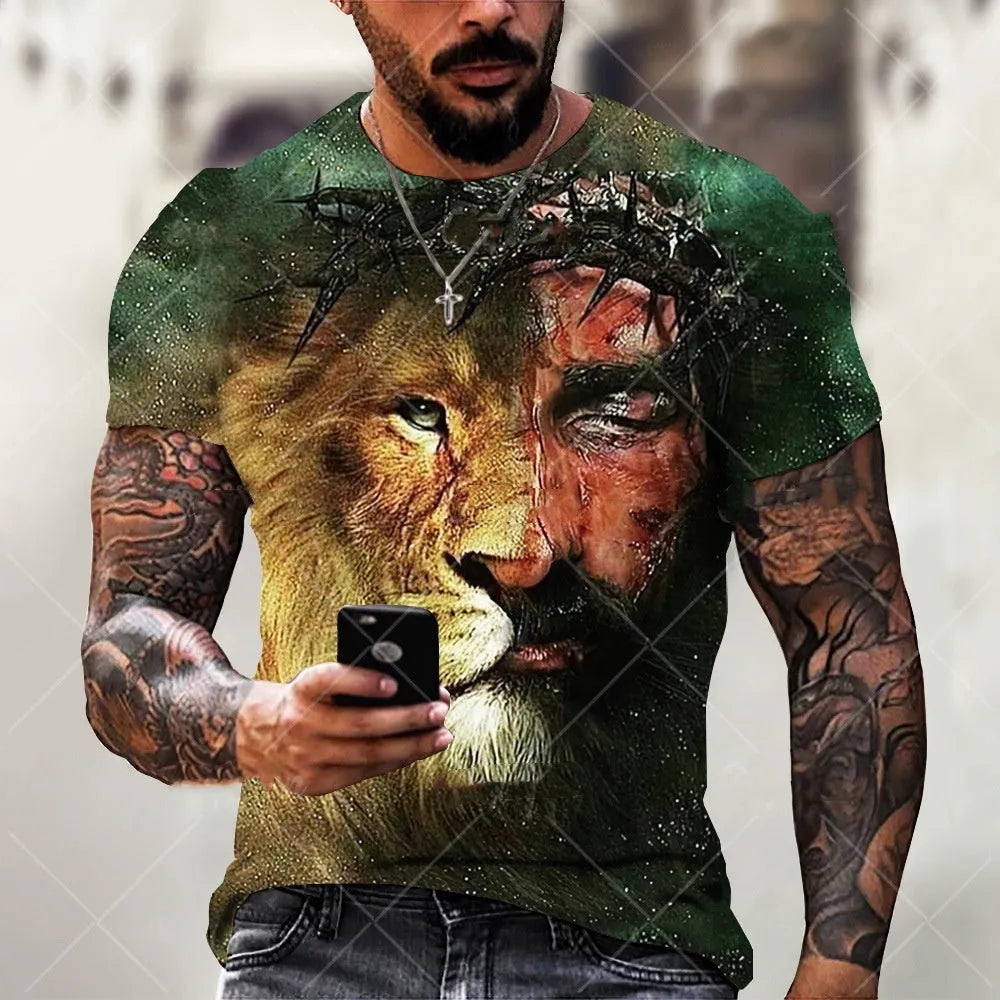 Men's 3D printed Jesus pattern T-shirt in bird eye polyester fabric with short sleeves