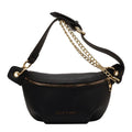 Waist bag with single shoulder design, PU material, medium soft texture, zippered compartment, splicing detail, available in black pink white colours.