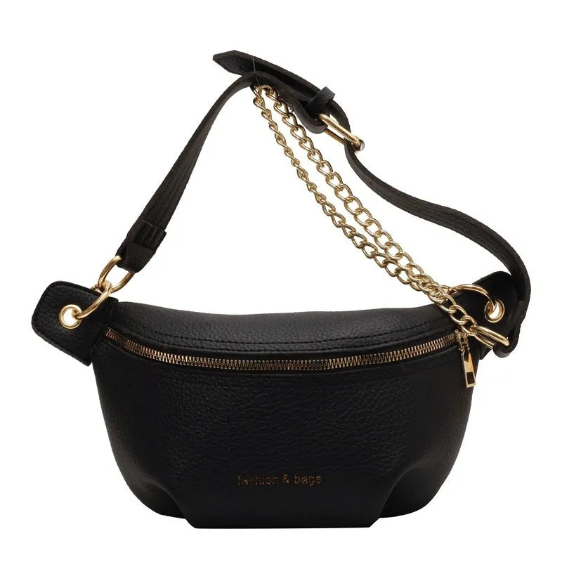 Waist bag with single shoulder design, PU material, medium soft texture, zippered compartment, splicing detail, available in black pink white colours.