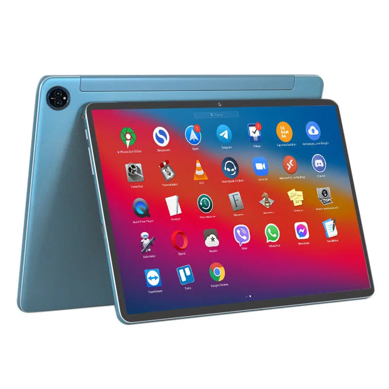 Bare metal blue 10-inch tablet with optional leather keyboard case shown on a desk.