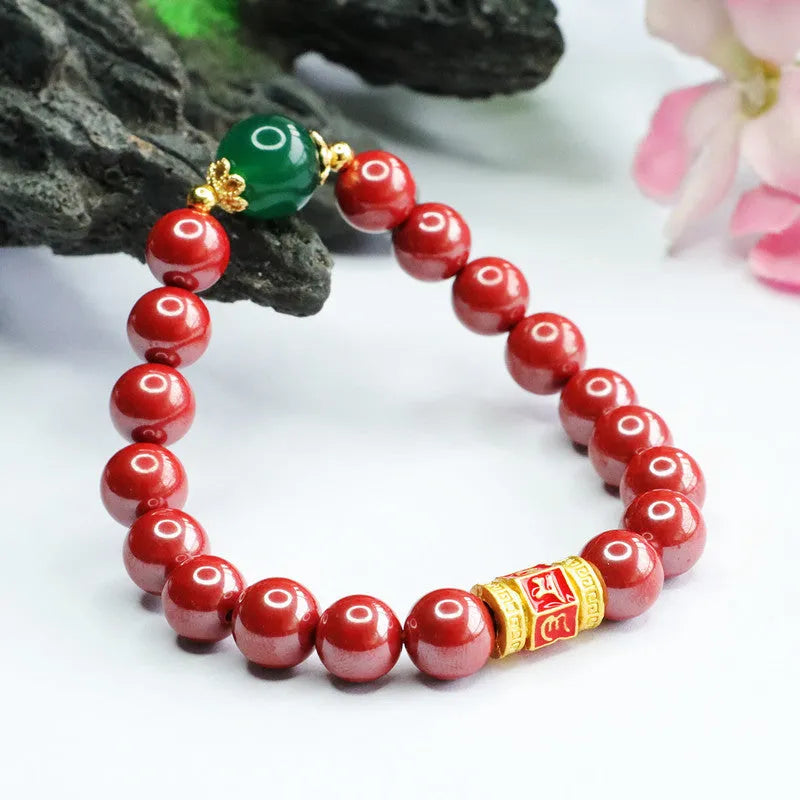 Cinnabar bracelet with engraved six-word motto and 8mm beads in emperor sandstone colour