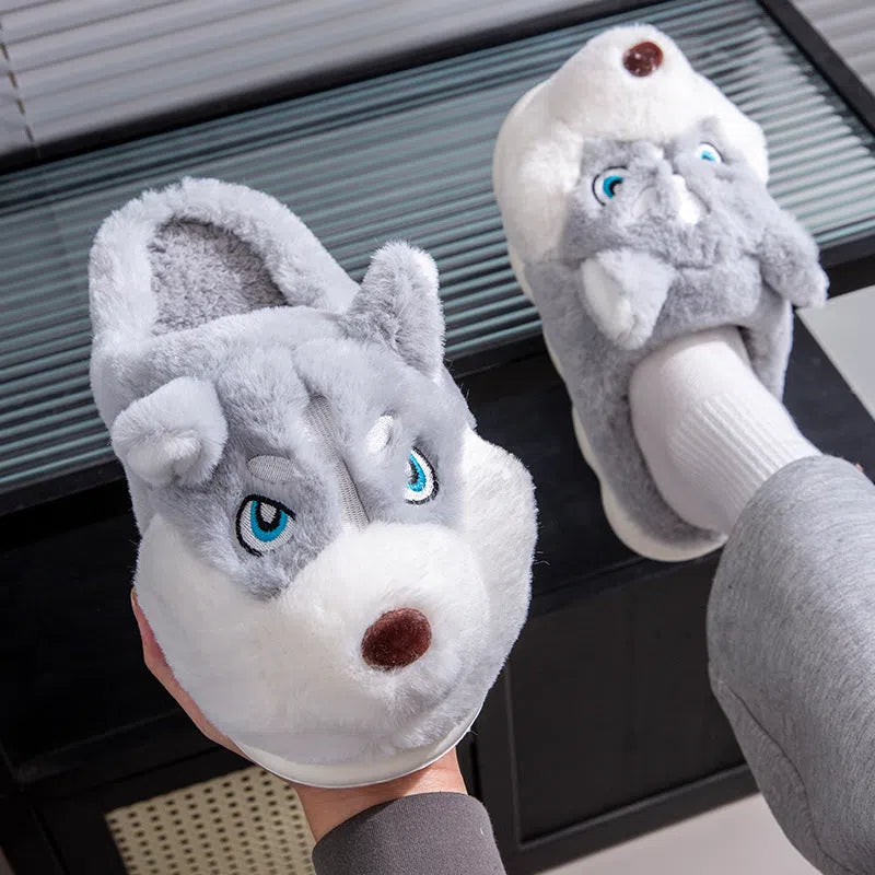 Cute Husky cartoon pure cotton slippers for men and women, warm indoor winter footwear in dark gray