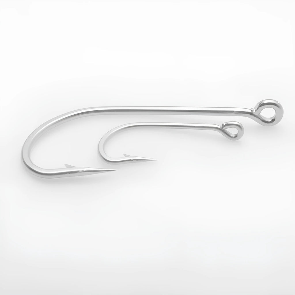 Set of alloy sea fishing hooks in various styles for ocean boat fishing.
