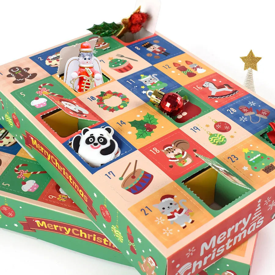 24-grid Christmas blind box with calendar spot stamp design, 25x17x4cm, on festive background
