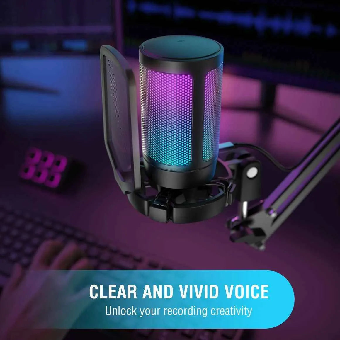 Black USB condenser gaming microphone for PC, PS4, and PS5 with wireless connection and moving coil type