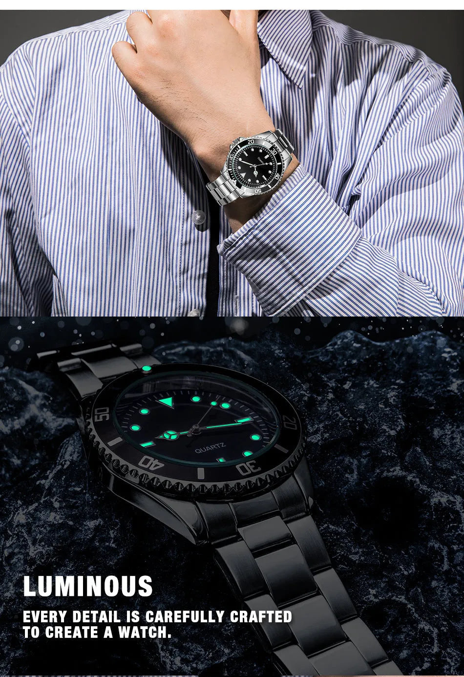 Steel belt black plate universal quartz watch with 40mm dial, 8mm alloy case, night glow hands, and stainless steel horseshoe buckle.