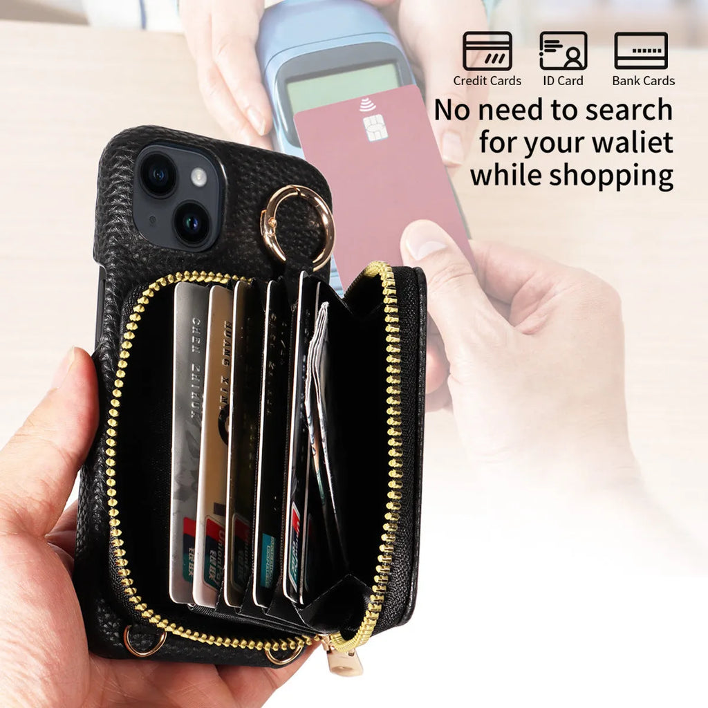 Handmade imitation leather wallet phone case with card slot, bracket, and crossbody strap in black for iPhone16 Pro Max