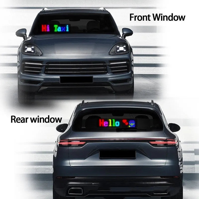 Programmable LED car sign with full-colour display showing custom text message