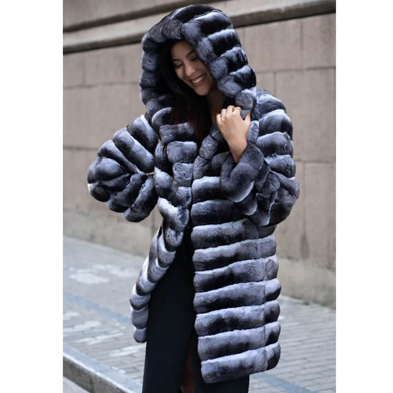 Women's zebra stripe pattern faux mink overcoat mid-length winter coat