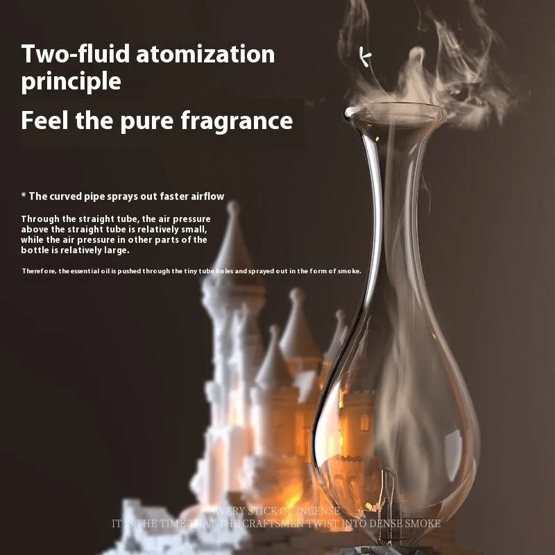 White medieval castle-shaped waterless aromatherapy machine with ambient light on a surface
