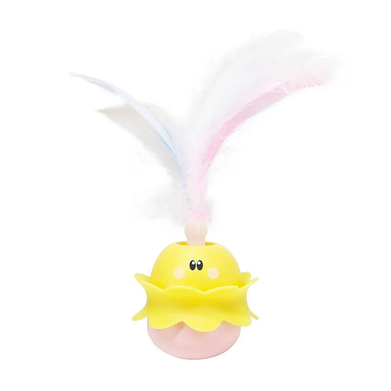 Pink interactive automatic cat feather toy with 360° rotation, LED lights, and detachable feathers for indoor cats.