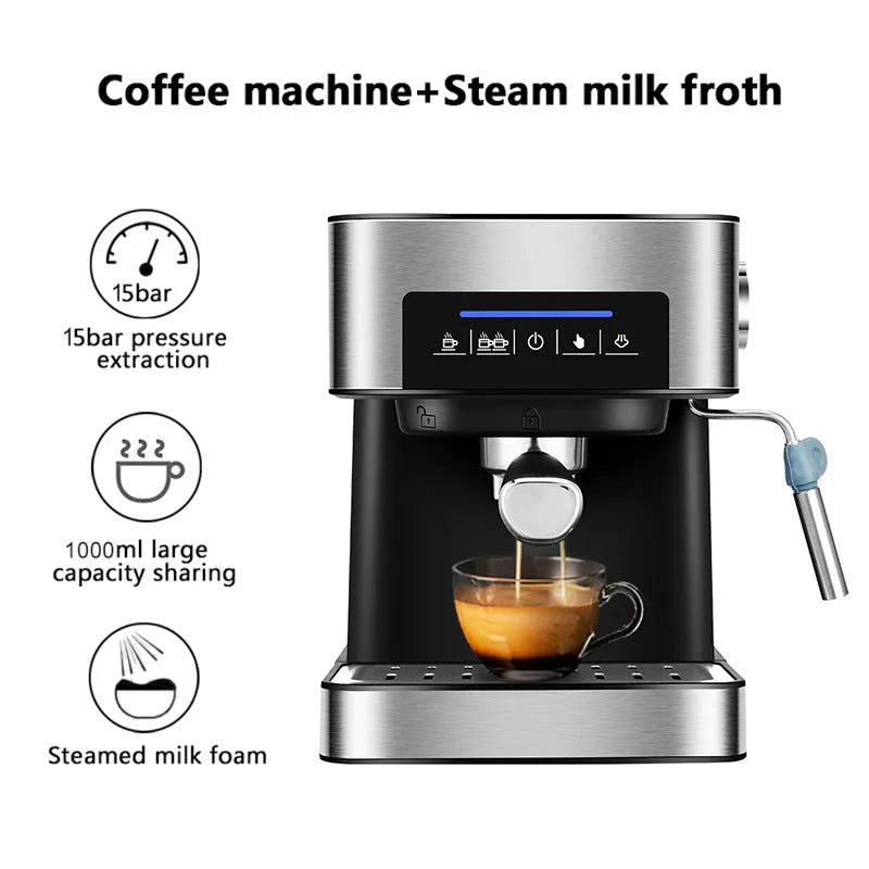Home Smart black espresso machine with steam milk frother 850W 20BAR 1.6L tank touch buttons