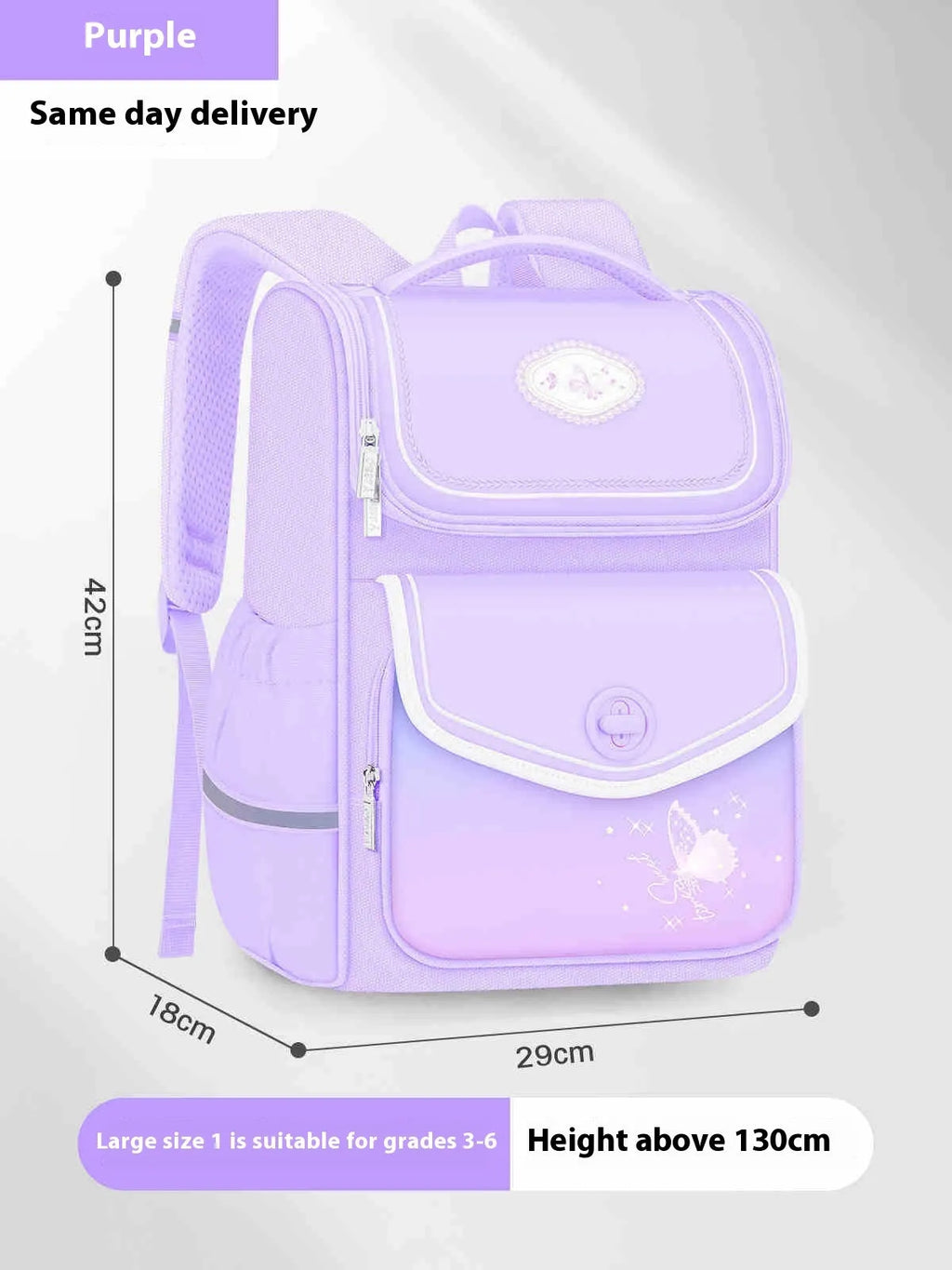 Girls' waterproof Oxford cloth schoolbag in pink, purple, or green colours for primary school years 3 to 6